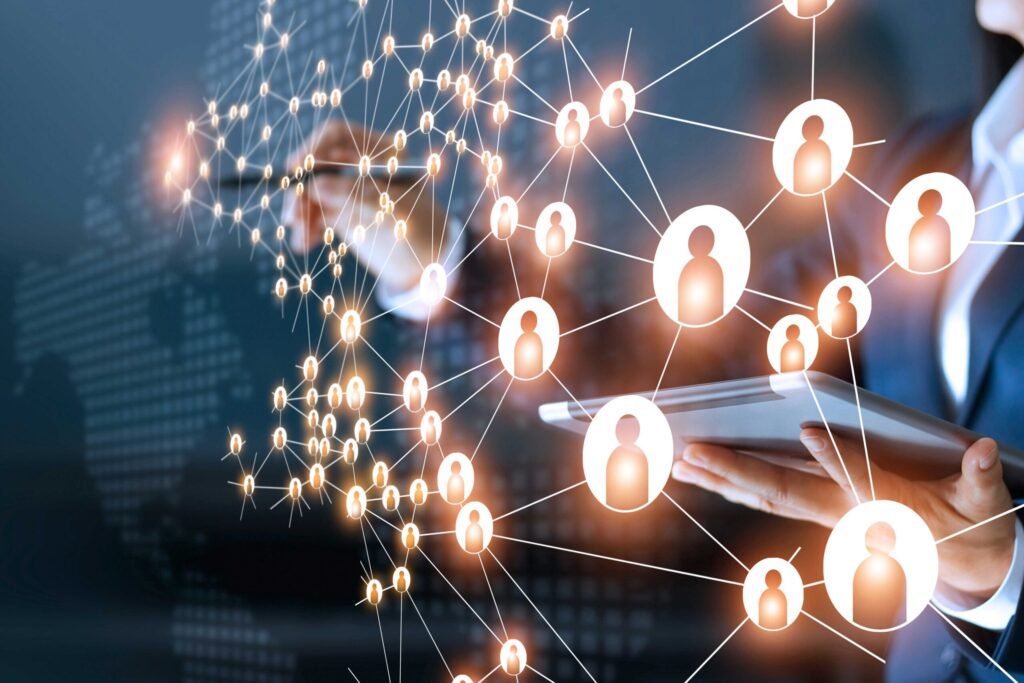 business woman drawing global structure networking data exchanges customer connection scaled